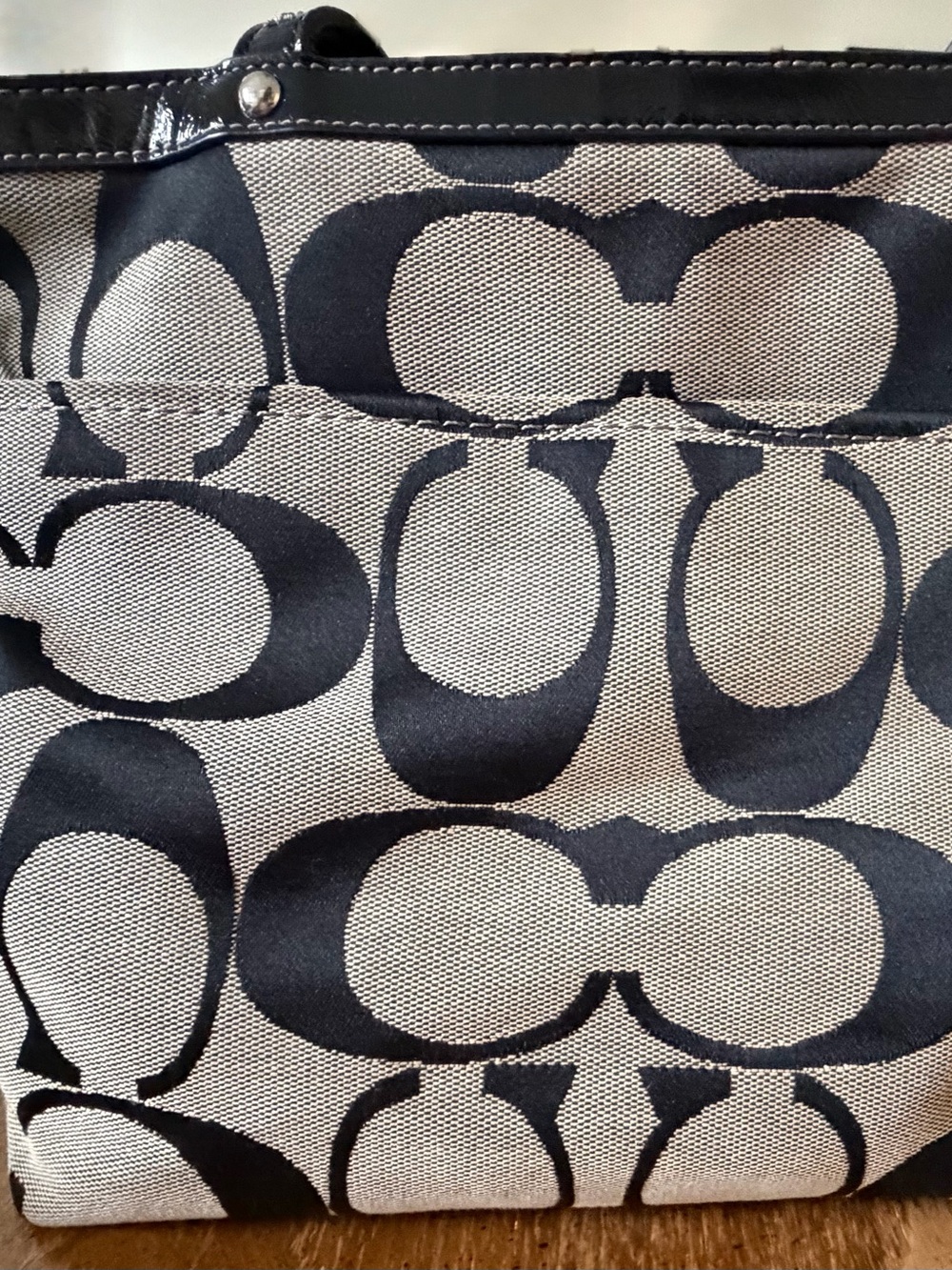 Coach Black and Cream Signature Logo Canvas Tote with Patent Trim - Picture 2 of 5